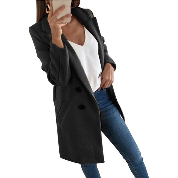 

double breasted formal slim long sleeve office fashion solid winter lapel neck women coat career casual mid length outwear women's jack, Black;brown