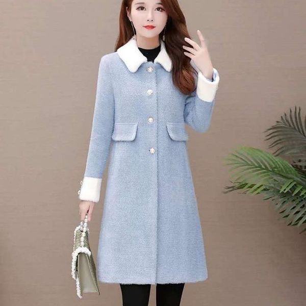 

fashion autumn winter jacket female middle long elegant imitated mink velvet coat slim women outside women's wool & blends, Black