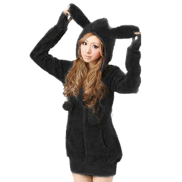 

autumn winter women cute plush ear hoodies outwear coat size for women's & sweatshirts, Black