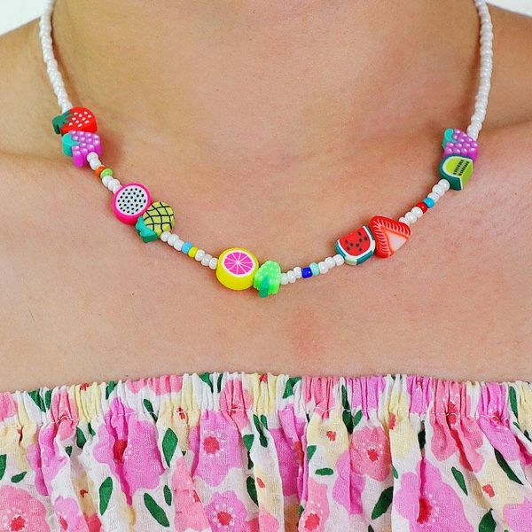 

chains komi fruit lemon kiwi color mixed beads soft pottery 10mm polymer clay charm necklaces pendant clavicle chain necklace for women, Silver