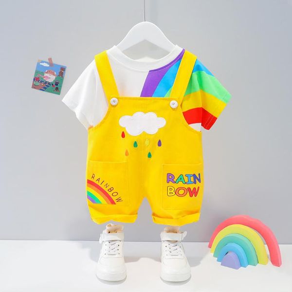 

boys and girls summer internet celebrity short sleeve suit children's clothing suspender shorts two-piece sets, White