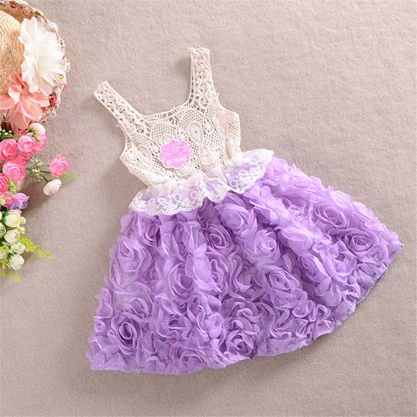 2~6 Alter Sommer Herbst Mode Rose Spitze Blumen ärmellos Chiffon Prinzessin Party Kinder Kind Kleidung Mädchen Kleid 210615