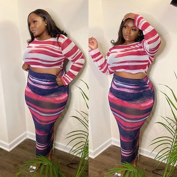 

striped print women nightclub mesh two piece sets plus size high waist see through ankle-length skirts o-neck outfits women's trac, Gray