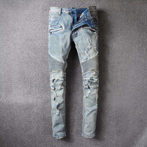 Homem Designers Roupas 2021 Alta Qualidade Calças de Jeans Masculinas Roupas Calças de Zíper Luz Azul Moda Homens Slim Denim Heterossexual Motociclista Hip Hop Rougival Revival Jean