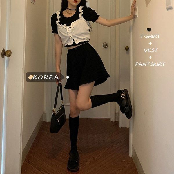 

two piece dress fashion three-piece female ss korean student long-sleeved bottoming shirt + suspenders black skirt pants tren, White