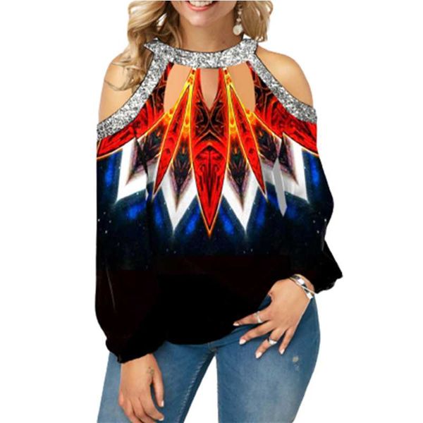 

women's t-shirt cold shoulder boho printed bling tshirt long sleeve women plus size s-5xl bohemian tshirts elegant lady clothings 2, White