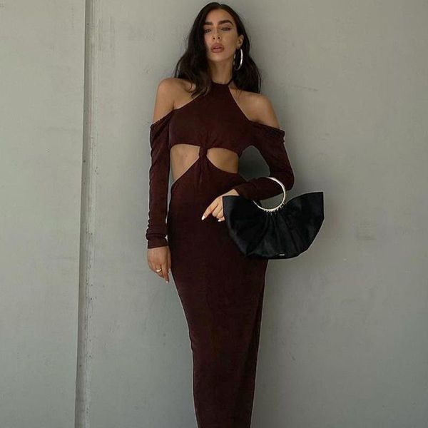 

casual dresses knit y2k dress women maxi long sleeve brown beach grunge fairy elegant vintage autumn 2021 aesthetic streetwear clothing, Black;gray