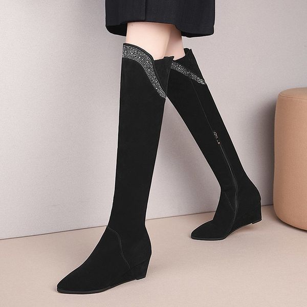 

boots egonery women winter high boots wedges ladies heel side zipper over knee long woman shoes suede upper footwear1 fr4w, Black
