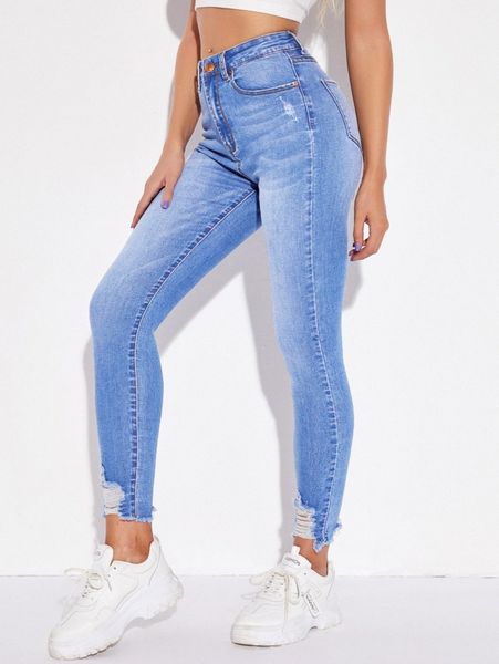 

high waist high stretch raw hem skinny jeans 54ij#, Blue