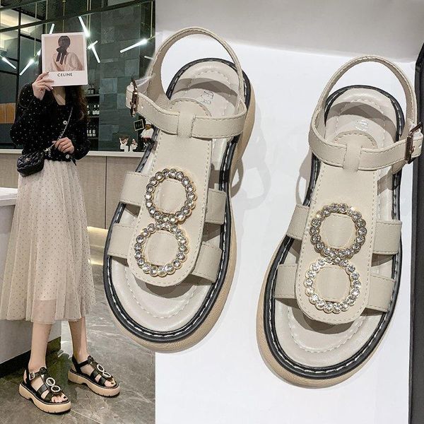 

sandals 2021 women platform retro rhinestone roman comfortable soft bottom wlking shoes outdoor casual beach, Black