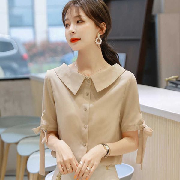 

korean chiffon women blouses woman solid shirt plus size blusas mujer de moda summer peter pan collar 210531, White
