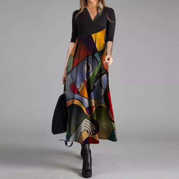 

2021women elegant cross v-neck print a-line dress autumn winter vintage long sleeves slim party dresses female casual loose vestidos, Black;gray