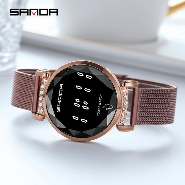 

wristwatches sanda digital watch women led light touch screen mesh lady waterproof female bracelet clock relogio feminino, Slivery;brown