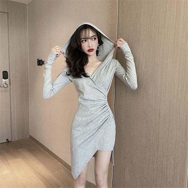 

casual dresses model real s 2021 spring and autumn retro long-sleeved hooded waist v-neck irregular hem package hip dress, Black;gray