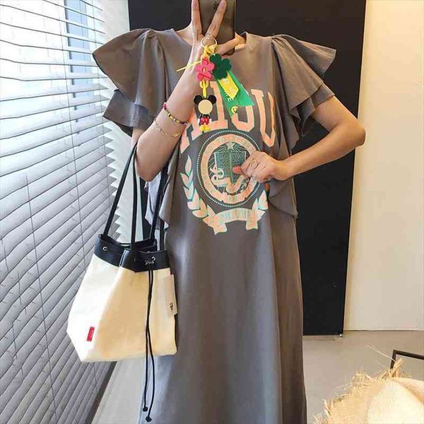 

[ewq] korea chic summer trend women o neck ruffle stitching loose fashion cartoon letter print flying sleeves dress 16w1712, Black;gray