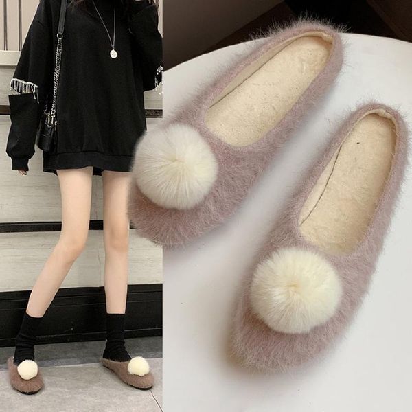 

slippers pompom shallow slip-on mules slides winter fur flats casual comfort lazy flip flops korean fresh ball warm, Black
