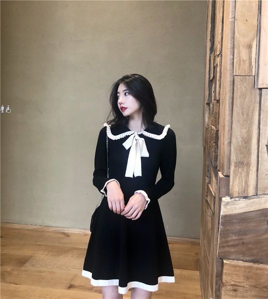 

casual dresses hepburn style black white bow sash knitted brief peter pan collar french girl mini lady spring korean 373n, Black;gray