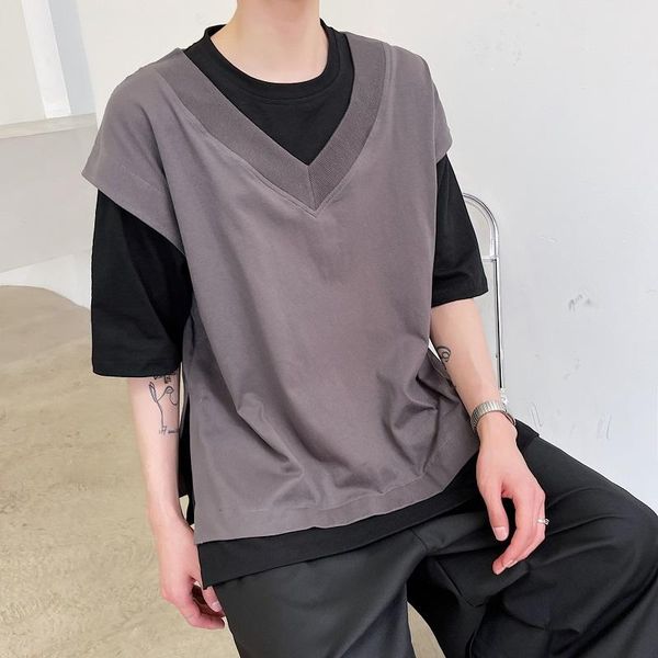 

summer korean style personality fake two design t-shirt men casual loose o-neck mixed colors tee shirts male m-xl men's t-shirts, White;black