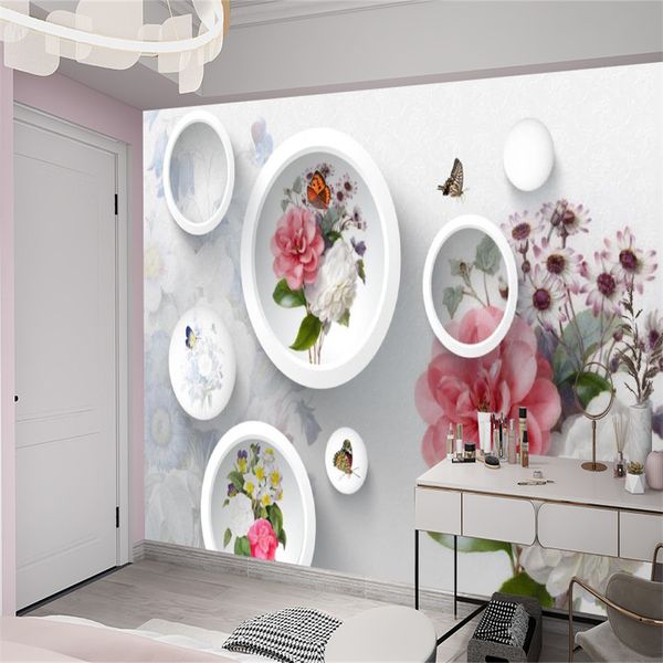 Carta da parati personalizzata 3D Stereo europeo Fiore Farfalla Cerchio Soggiorno Camera da letto Sfondo Decorazione murale Sfondi murali