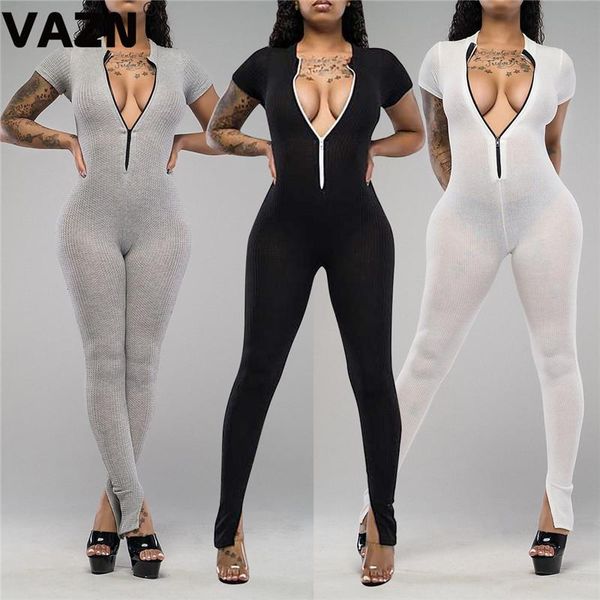 

women's jumpsuits & rompers vazn 2021 ribbed fitness active wear womens jumpsuit fashion short sleeve workout sporty, Black;white