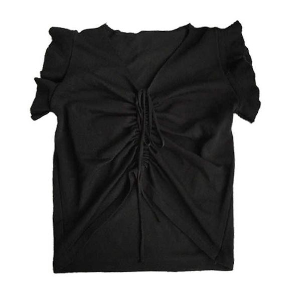 

perhaps u black white solid v neck sleeveless tank shirt ruffle drawstring shirt blouse women summer b0096 210529
