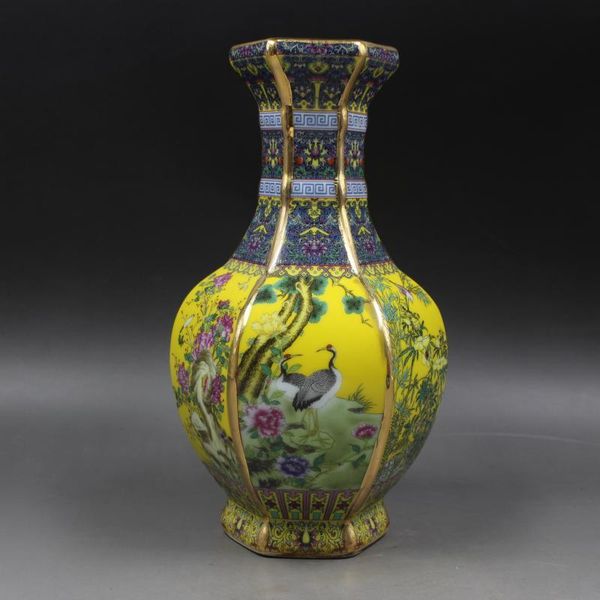 

vases qing qianlong antique yellow ceramic vase enamel gilt hexagon with flower porcelain ancient collection