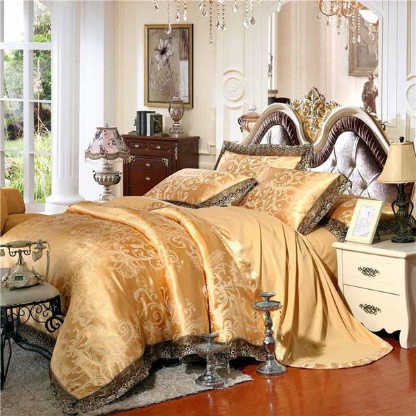 

bedding sets gold/white/blue jacquard silk set luxury 4/6pcs satin bed bedclothes king linen duvet cover  design 29