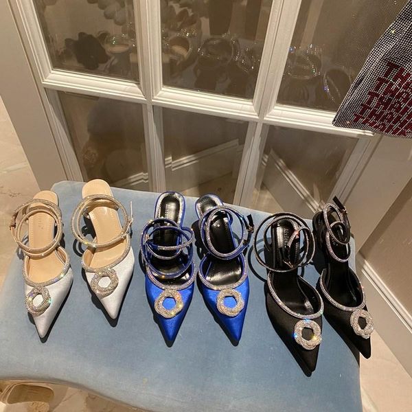 

dress shoes 2021 summer women chic beaded satin crystal low high heels silk sandals designer toe pointed blue party wedding pumps, Black