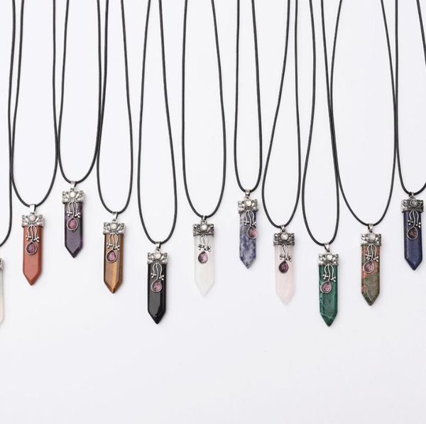 

chains natural stone chakra reiki healing 15*55mm arrow lapis lazuli amethyst opal tiger's eye pink quartz crystal pendulum necklace, Silver