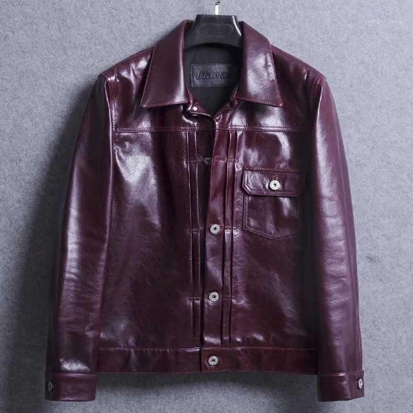

men's leather & faux short first layer cow slim locomotive jacket lapel single-breasted fashion genuine coat, Black