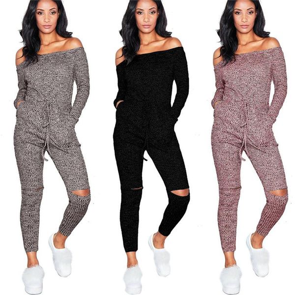 

women's jumpsuits & rompers knitted for women autumn arrival high street casual long sleeve slash-neck off shoulder jumpsuit, Black;white