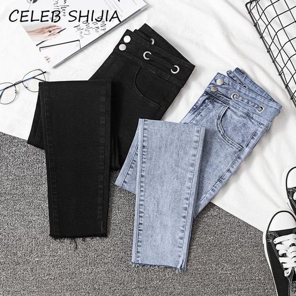 

women's jeans summer skinny woman high waist sky blue elastic denim pencil pants slim black solid jean female casual street