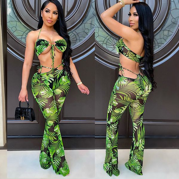 

jumpsuits,rompers beautiful trend big size 2021 summer suspender rope mesh printing pants wide leg suit