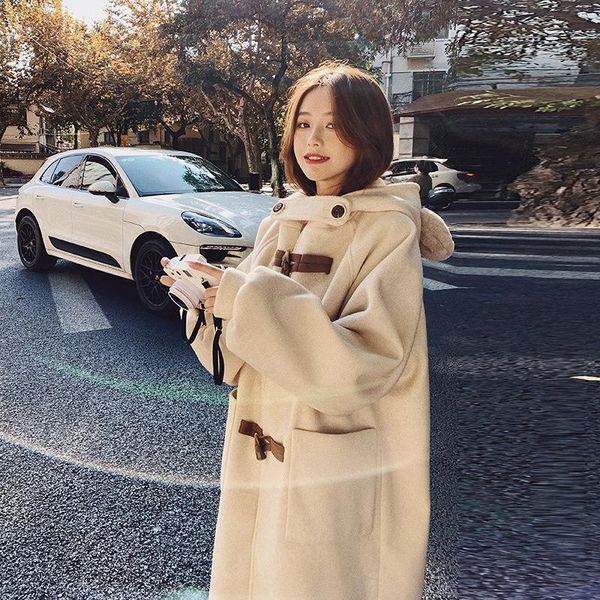 

women's wool & blends woolen coat middle long 2021 winter korean loose cute little bear hooded ox horn button, Black