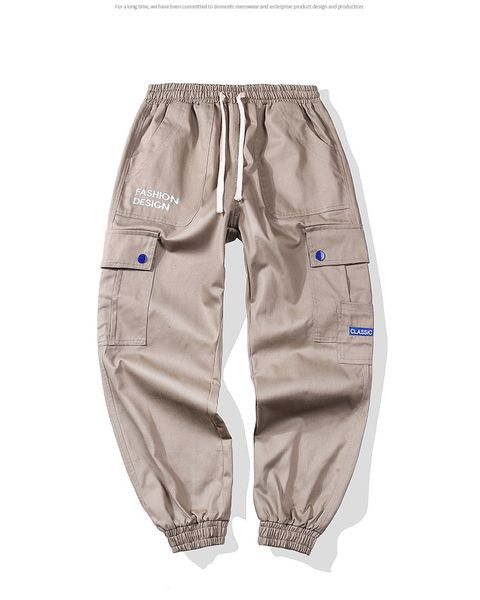 

designer mens cargo pants loose letter print long trousers multi pocket elastic waist fashion casual male clothing, Black