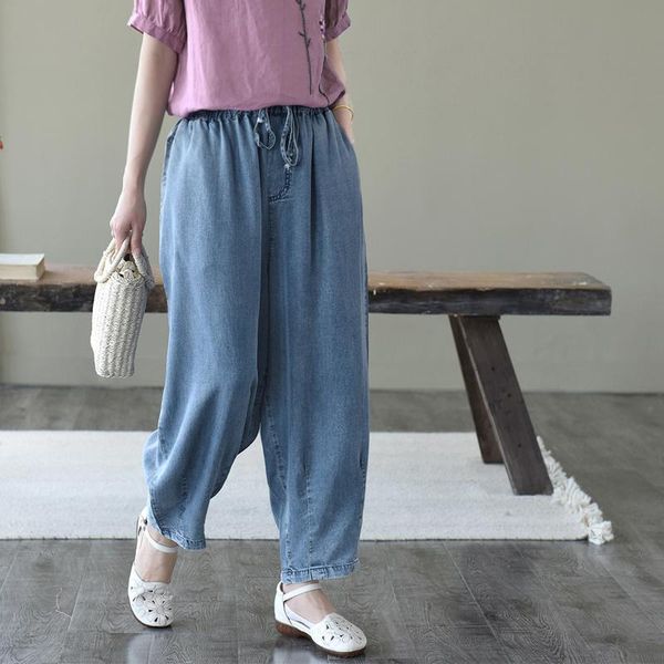 

women's jeans women summer elastic waist loose casual all-match denim pants female drawstring pocket retro 2021 trousers, Blue