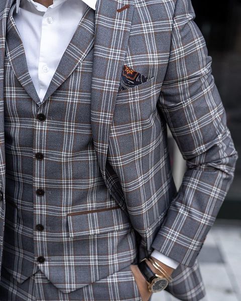 

2020 formal mens groom tuxedos men's peaked breasted weddingsuits plaid double, Black