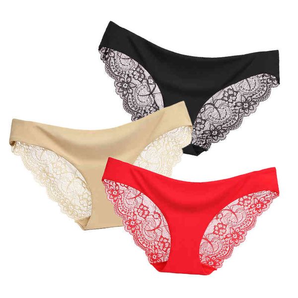 

3pcs/lot women panties set lace briefs ice silk seamless underwear thong lingerie transparent underpants breathable pants, Black;pink