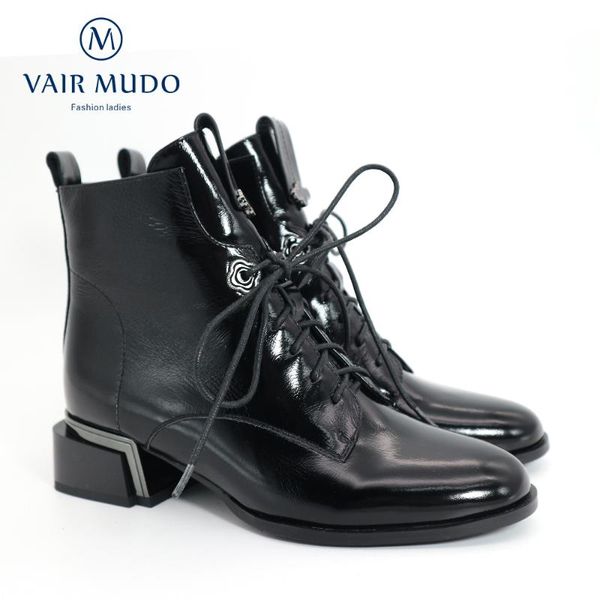 

boots vair mudo ankle shoes patent leather elegant lace up round toe cross-tied thick heels short plush motorcycle boot dx83, Black