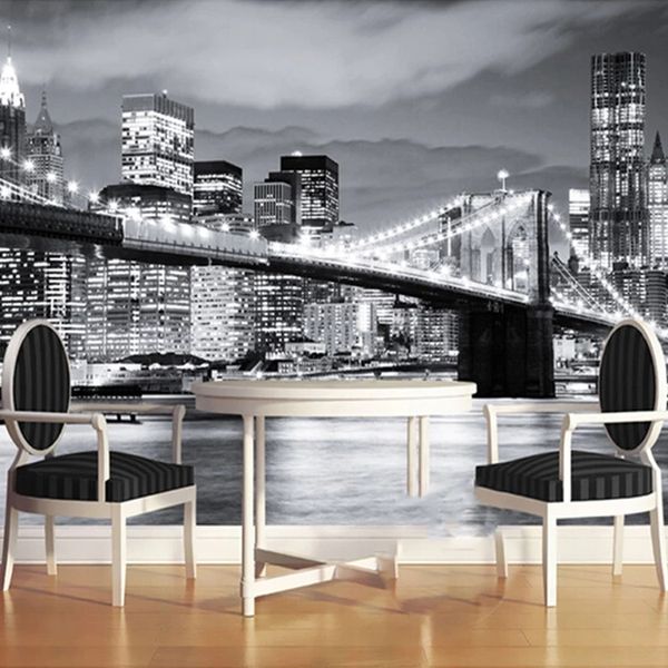 

custom mural night view manhattan bridge new york european american cities black and white living room backdrop wall waterproof