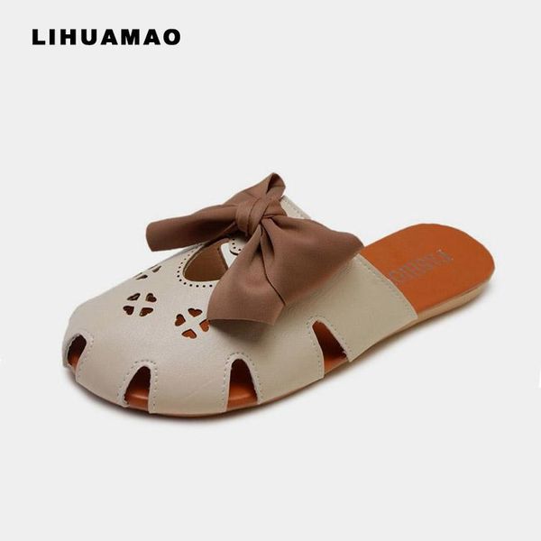 

slippers lihuamao women flats slipper slides shoes mules bowtie knot beach sandals wedding party casual comfortable holes, Black