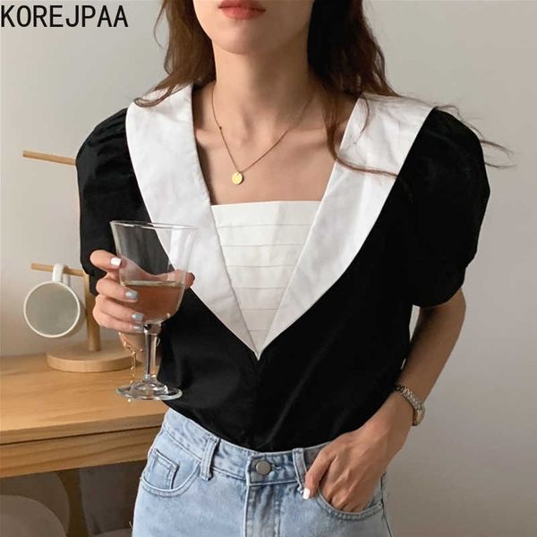 Korejpaa Frauen Hemd Sommer Koreanische Chic Französisch Design Square Neck Halter Spitze Nähte Kontrast Lose Puff Sleeve Blusen 210526