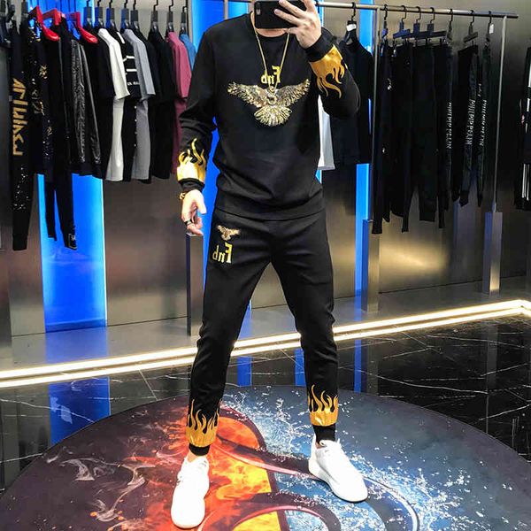 

hoodies european and american fashion eagle suit sanitary men fried trend beautiful leisure two pieces together, Black