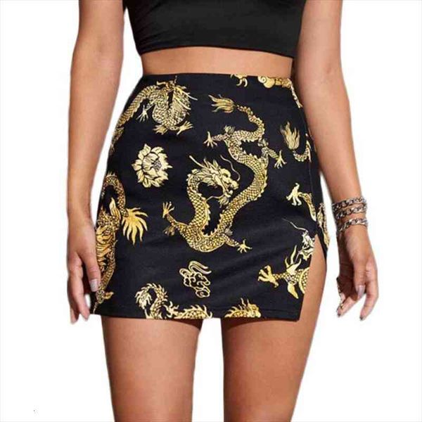 

women fashion dragon print skirt stylish high waist split skirt mini nbsp skirts summer nbsp skirt irregular embroidery, Black