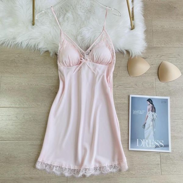 

women's sleepwear lace women nightgown satin sleep dress v-neck spaghetti strap summer mini nightdress casual home nightwear, Black;red