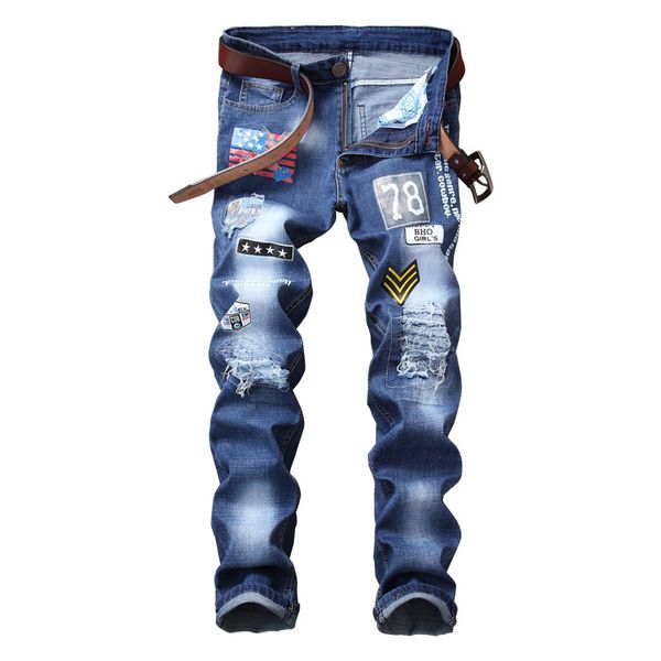 

Jeans Slim Straight Elastic Cloth Bae Hole Fashion Men's Trousers, 802 blue