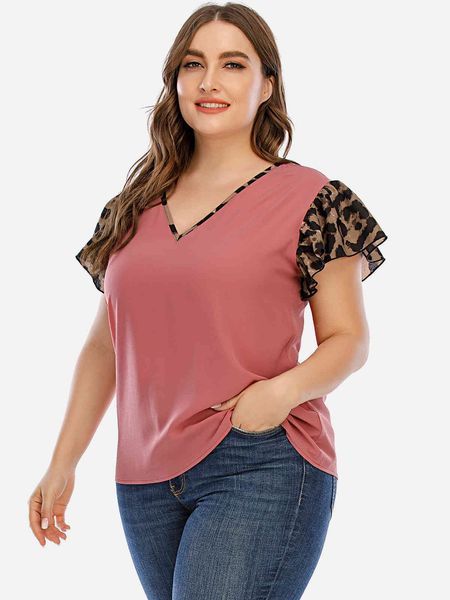 

women's plus size hy30182# summer leopard short sleeve stitching v-ne large casual t-shirt