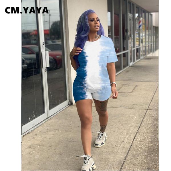 

cm.yaya tie dye gradient women's set ative t-shirt shorts matching two piece outfits sporty tracksuit workout jogger sweatsuit tracksui, Gray