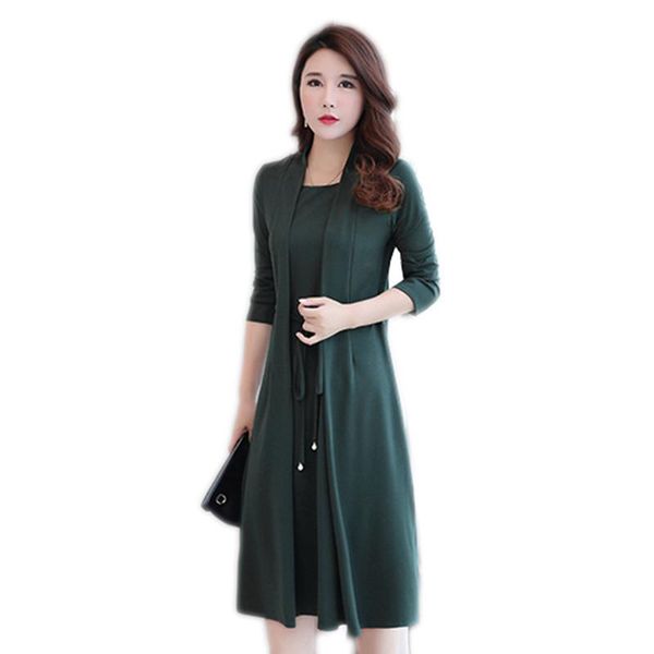 

casual dresses spring women 2021 fake two-piece square collar female long sleeve mid-long size slim ladies cw095, Black;gray