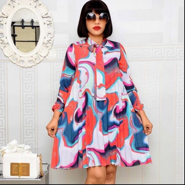 

vintage bow neck geometric womens dress print party summer long sleeve elegant plus size casual pleated dresses, Black;gray